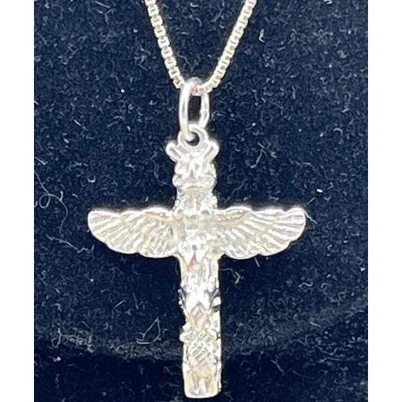 19" Box Chain Totem Pole Native American Pendant Necklace Sterling Italy 8162 - Picture 8 of 11